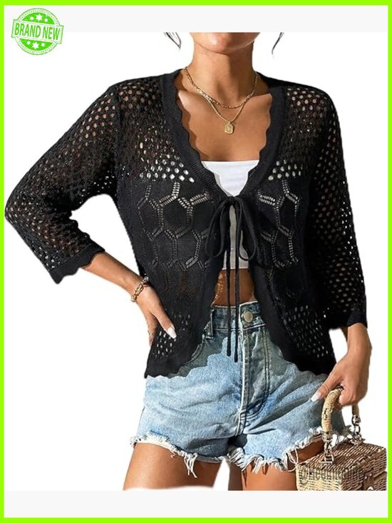 Sweaters - Crochet Tie Front Cropped Cardigan Shrug Bolero for Dresses Lightweight Summer
